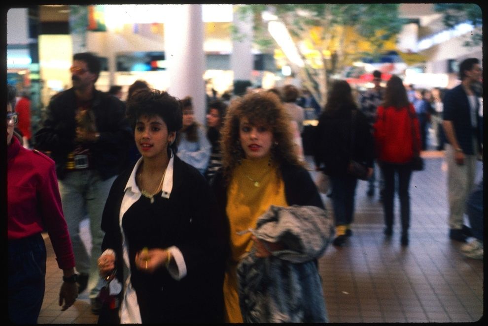 Hanging out with friends at the mall in the 90s